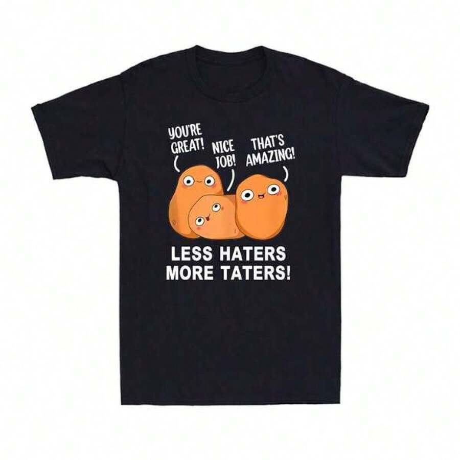 Menos odiosos, más patatas: Camiseta de algodón para hombre con gráfico divertido de calumbres sobre patatas. - Negro - Ver 1