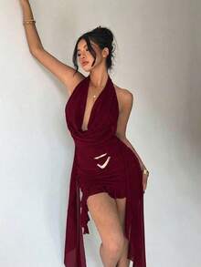 New Green Mesh Mini Dress With Deep V-Neck, Halter Neck, Open Back, Fitted, Asymmetrical Ruffle At The Hem, Ideal For Parties, Music Festivals, Weddings And Beach Holidays, Also Perfect For St. Patrick's Day And Music Festivals With Bohemian Style - 白色 - 查看 4