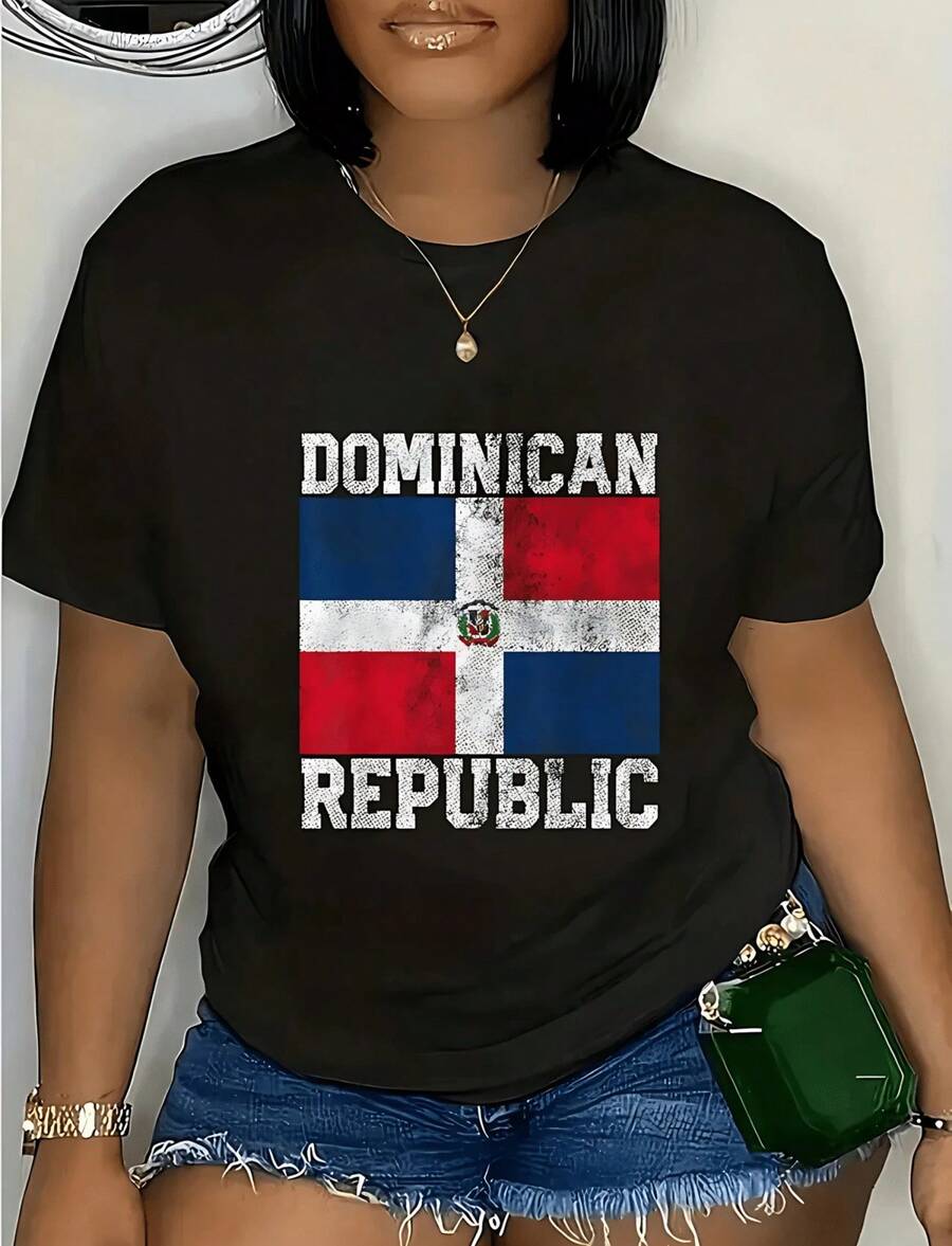 100% Cotton Dominican Republic Flag National Emblem Republica Dominicana T-Shirt playeras de mujer - Negro 8 - Ver 1