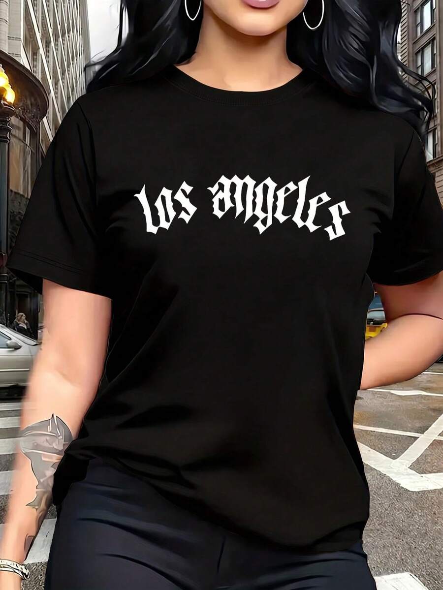 Women's Los Angeles Graphic T-Shirt Casual Short Sleeve Round Neck Polyester Tee Streetwear Top with Slight Stretch - Blanco - Ver 1