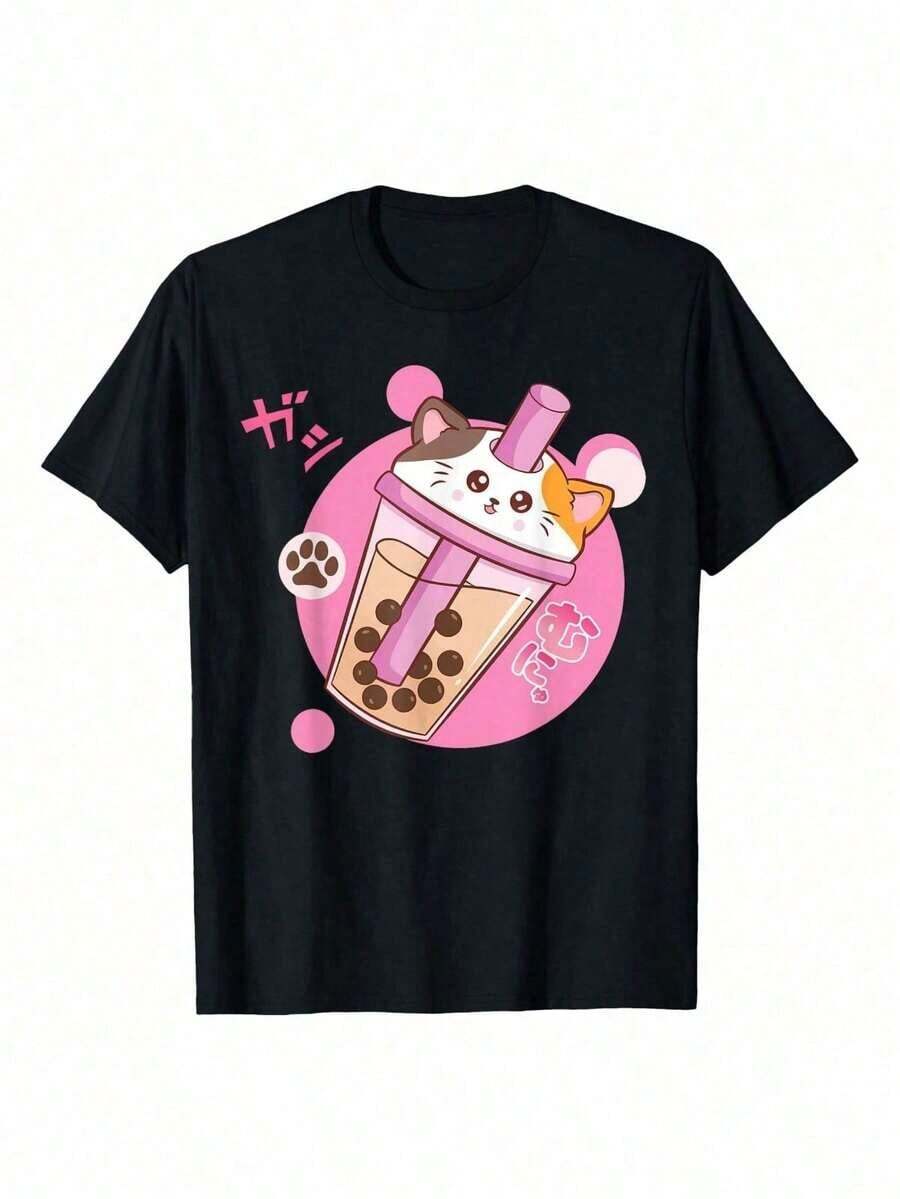 Anime Character T-Shirt, Cute Chibi Girl Holding A Fan, White Graphic Crew Neck T-Shirt For Women And Girls, Fashion Casual Top 220 | Exquisite Design | Loose And Comfortable | Easy To Match | - 黑色 7 - 查看 1