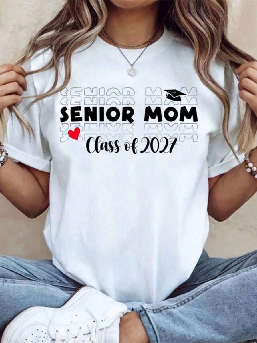 1 camiseta de graduación para mamá de la promoción de 2027, regalo para la madre de un estudiante graduado, ideal para celebraciones de graduación de secundaria o universidad, recuerdo para mamás que apoyan los logros de sus hijos, 180g de algodón 100%. - Blanco - Ver 1