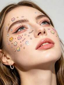 1 pieza Lindo adhesivo facial de gato de dibujos animados con diamante de imitación, gatos y perros pintados a mano con brillo plateado, decoración facial, adhesivo de maquillaje impermeable y de larga duración, adecuado para festivales de música, sesiones de fotos de cumpleaños de niñas, fiestas, crea un look de maquillaje adorable y femenino, fácil de aplicar como acento de maquillaje brillante de ojos, proporciona un efecto de filtro suave y lindo, fácil para principiantes - Multicolor - Ver 3
