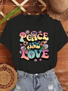 Camiseta única de diseño Y2K con estampado de paz y amor ideal para los amantes de la moda retro, perfecta para cualquier ocasión, destaca por su colorido diseño que combina estilo y mensaje positivo, imprescindible en tu guardarropa. 4NHE - Negro - Ver 1