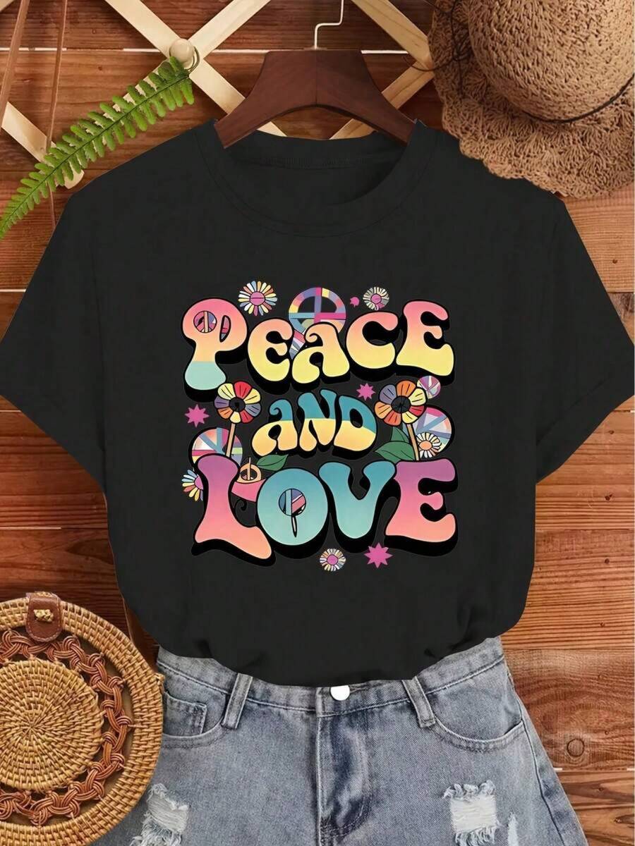 Camiseta única de diseño Y2K con estampado de paz y amor ideal para los amantes de la moda retro, perfecta para cualquier ocasión, destaca por su colorido diseño que combina estilo y mensaje positivo, imprescindible en tu guardarropa. 4NHE - Negro - Ver 1