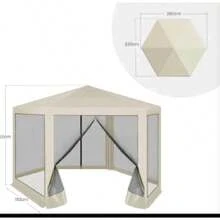 Pavillon 3,8x3,3 m sechseckig, Gartenpavillon mit Seitenwänden und Moskitonetz, Metallpavillon, Partyzelt, einfache Montage ohne Werkzeug, für Garten, Terrasse, Patio, beige - Weiß - Übersicht 2