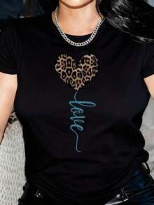 Camisetas de Mujer Casuales de Manga Corta con Cuello Redondo, Tejido de Punto, Largo Regular, con Estampado de Corazones de Leopardo y Alfabeto, para Verano y Primavera - Negro - Ver 1