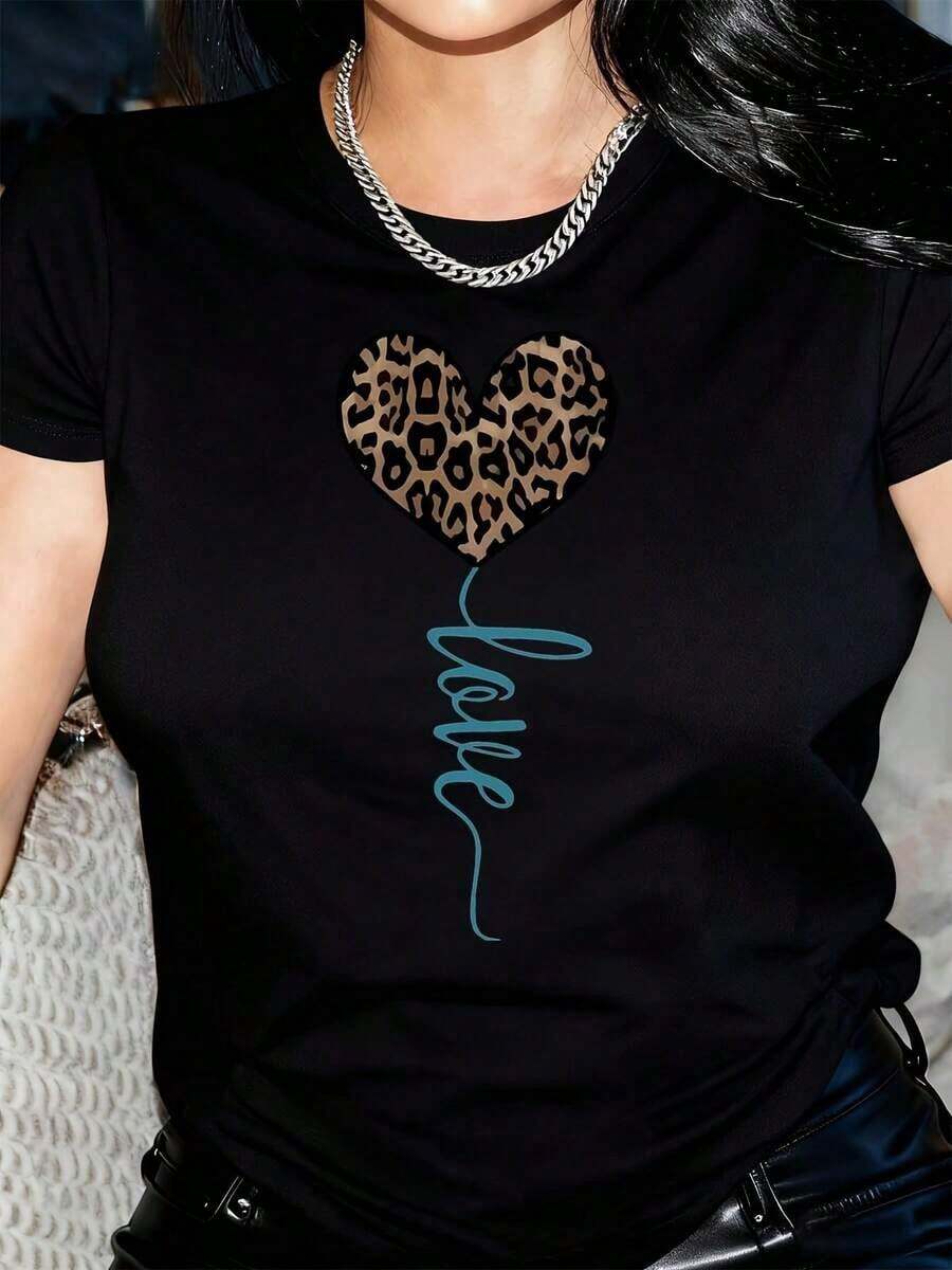 Camisetas de Mujer Casuales de Manga Corta con Cuello Redondo, Tejido de Punto, Largo Regular, con Estampado de Corazones de Leopardo y Alfabeto, para Verano y Primavera - Negro - Ver 1