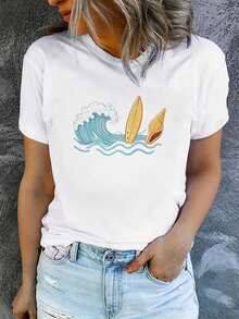 Camiseta de manga corta con cuello redondo para mujer, estampada, moderna y casual, lavable a máquina, ajuste cómodo, estampado plano 2D Blusas Para Mujer Casual. - Blanco_01 - Ver 7