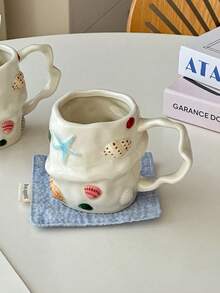 300ml Creative Summer Shell Embossed Ceramic Coffee Cup And Inspirational Decor Set/Single Item, Pure Handmade Hand-Painted Ceramic Mug, Cute Niche Drinking Cup, Latte Art Cup, Girly Gift Cup, Vintage 3D Hand-Painted Casual Cup, Starfish Shell Asymmetrical Ceramic Mug, Creative Tea Cup - Multicolor - View 9