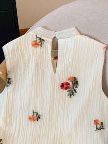 Conjunto de 2 piezas de blusa sin mangas con volantes y lazo bordado en color albaricoque y shorts, conjunto de vacaciones para mujer - Albaricoque - Ver 5