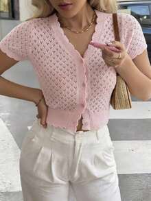 Blusa de punto de verano casual y elegante para mujer Just Masa, con escote en V, volantes en las mangas cortas, botones en la cintura y elástico, de estilo minimalista y dulce, adecuada para viajes, vacaciones, ir al trabajo, la playa, citas y uso diario, en color blanco - Rosa - Ver 5