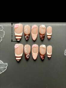 Handmade Press On Nails, Summer Nails,10Pcs Tropical Fake Nails With Brown French Tip, 3D Flower & Starfish, Nude Almond Acrylic Nails, Reusable False Nails For Summer/Beach/Party - Multicolor - View 4