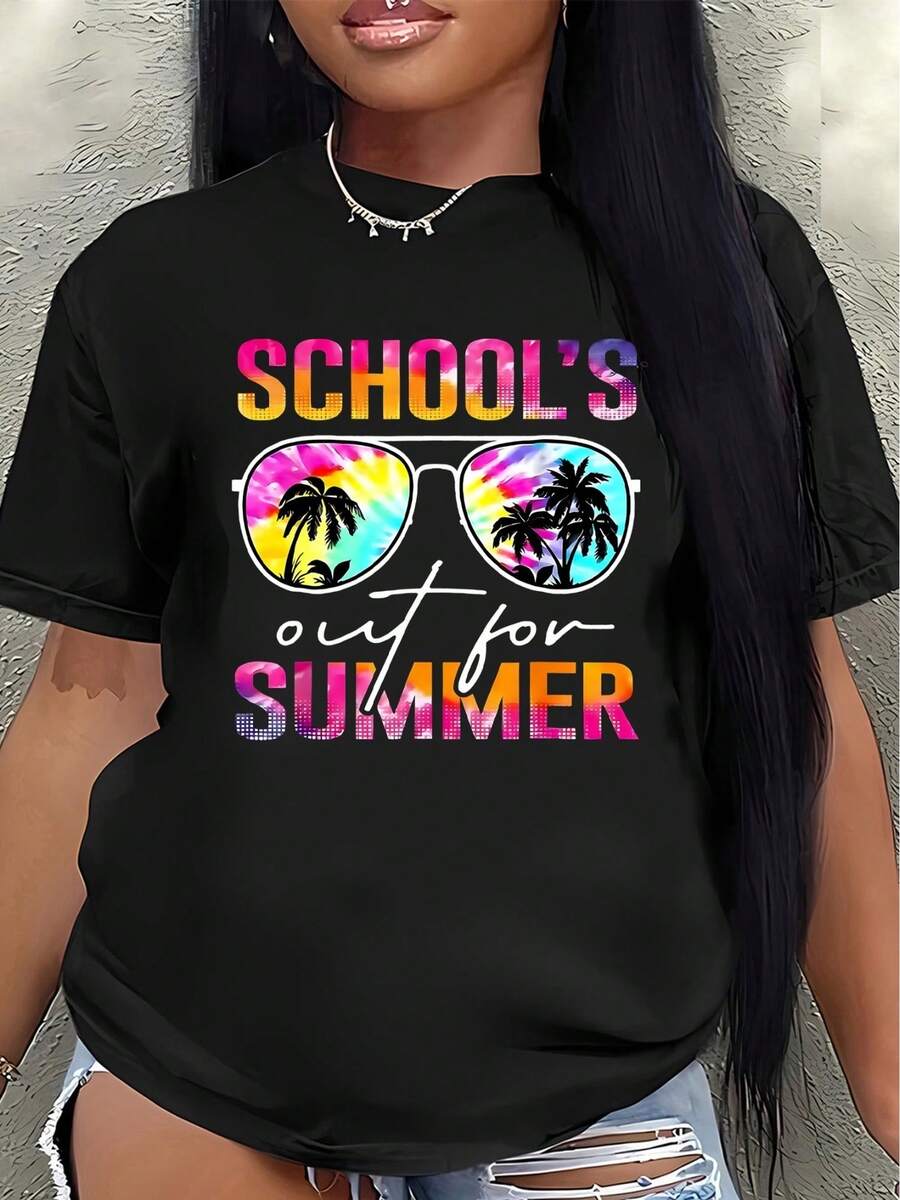 Camiseta única Y2K con diseño colorido de gafas de sol y palmeras ideal para el verano destaca la libertad cuando termina la escuela perfecta para lucir en vacaciones atrévete a ser diferente y disfrutar del verano con estilo - Negro - Ver 1
