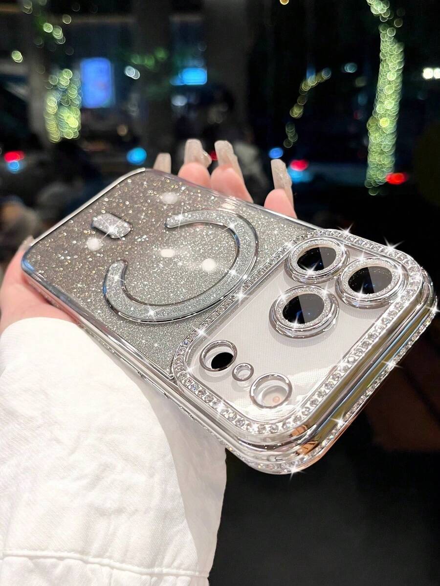1pc Luxury Bling Glitter Diamond Sequin Electroplated Magnetic Clear Phone Case Compatible With IPhone 17 16 Pro Max Wireless Charge Soft Silicone Back Cover - Silver - View 1