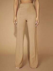 Pantalones de pierna acampanada de cintura alta elegantes para uso diario, de unicolor - Albaricoque - Ver 1