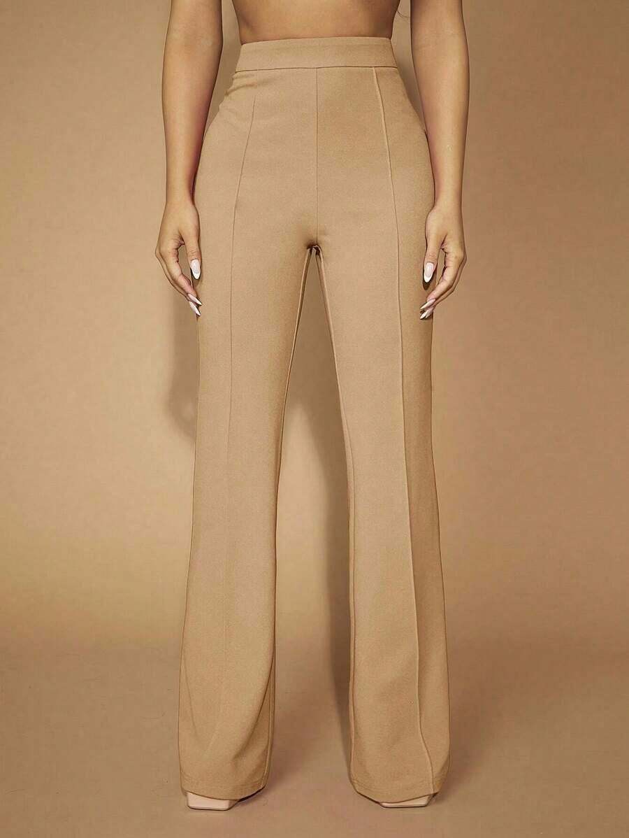 Pantalones de pierna acampanada de cintura alta elegantes para uso diario, de unicolor - Albaricoque - Ver 1