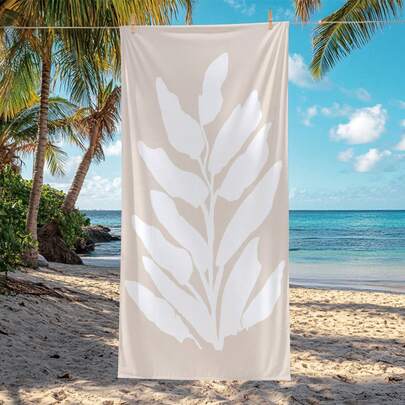 1 Piece Minimalist Khaki Geometric Leaf Pattern Quick-Dry Beach Towel, Soft & Highly Absorbent, Lightweight Printed Beach Towel. Suitable For Bathroom, Swimming, Surfing, Camping, Travel, Essential Summer Surfing Accessory And Beach Companion
