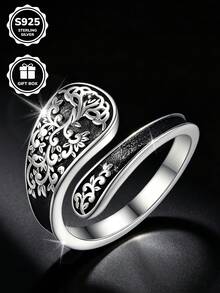 1pc S925 Sterling Silver Carved Vine Open Ring, Daily Wear Couple Anniversary Gift, Comes With Gift Box - Silver - View 4