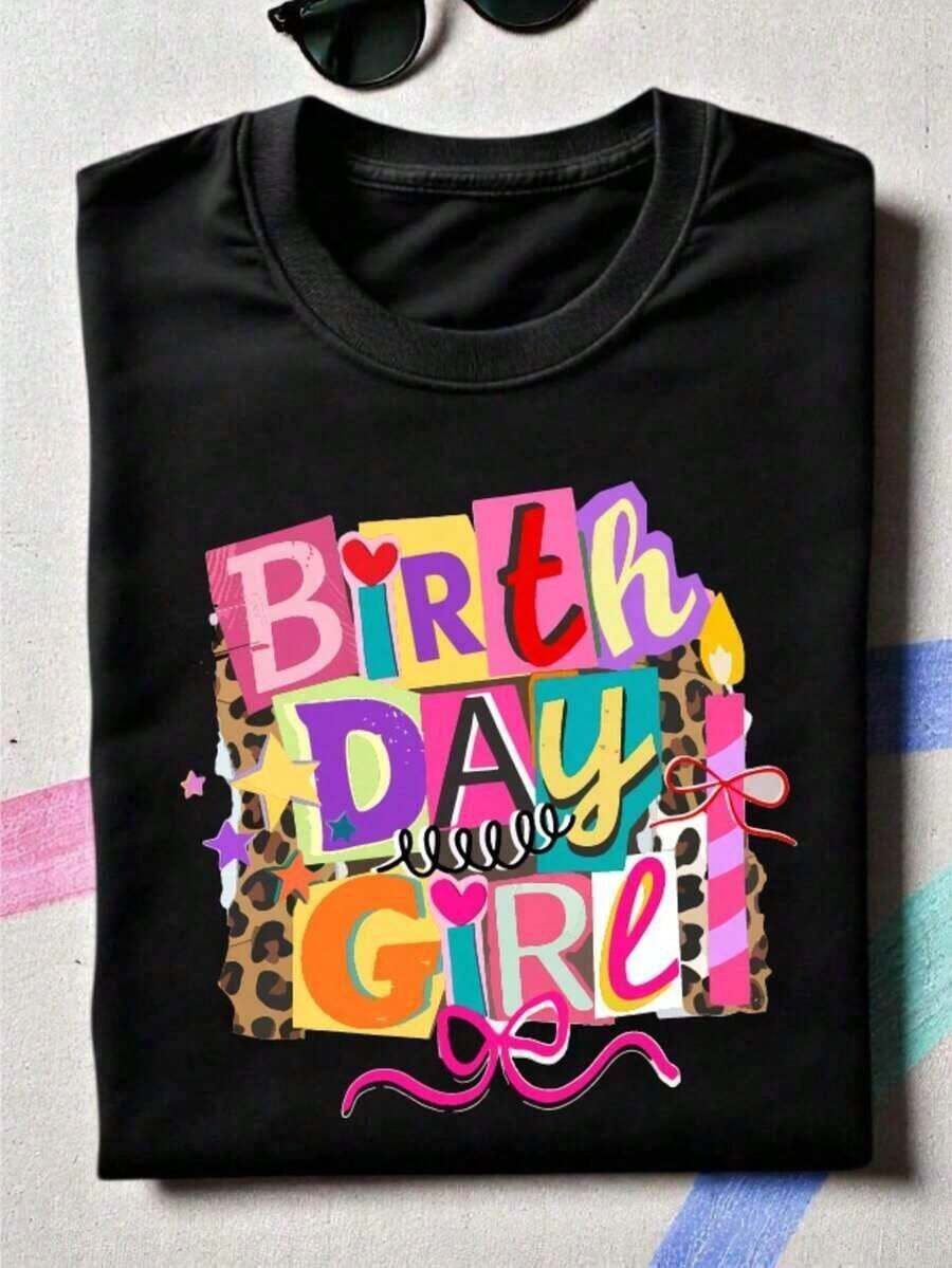 1 pieza de camiseta linda para chica de cumpleaños, camiseta divertida para chica, camiseta preppy coqueta para chica de cumpleaños, regalo de cumpleaños para chica atrevida, atuendo de cumpleaños para chica, blusas con lazo coquetas para chica. M-551210g 100% Algodón, los diseños están impresos. Unisexo. - Negro - Ver 1
