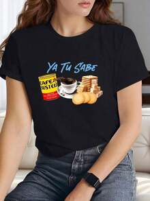 1 pieza de camiseta YA TU SABE CAFE BUSTELO para mujer, camiseta casual de cuello redondo de algodón puro de 180g (1 pieza). 100% algodón, los diseños están impresos. Unisexo. - Negro - Ver 12
