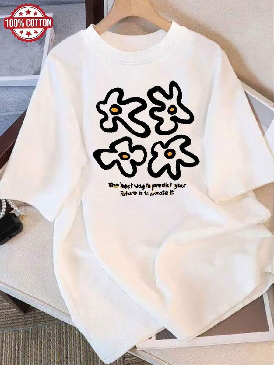 Camiseta de Mujer: Camiseta de Verano Moderna de Algodón Puro, Cuello Redondo Holgado, Ropa Versátil para Mujer, Camiseta Casual Cómoda para Adolescentes, Tops de Manga Corta Vibrantes y Juveniles para Uso Diario. - Blanco - Ver 1