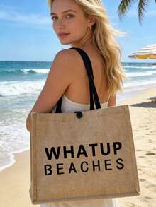 大容量托特包，黑色文字印花「WHATUP BEACHES」，便攜式大容量購物袋，多功能收納袋，亞麻手把托特包，適合海灘旅行、度假、野餐、超市購物、日常攜帶，輕量夏季女款托特包，生日禮物、返校季、海灘玩樂、婚禮蜜月旅行、教師節禮物 - 彩色 - 查看 3