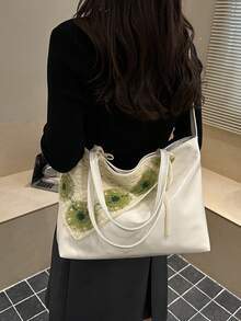 1pc Women's Casual Tote Bag, Large Capacity Shoulder Bag, Fashionable Shopping Bag, Minimalist Nylon Fabric Handbag, Lightweight Leisure Tote Bag, Lace Applique Small Shoulder Tote Bag, Ideal For Commuting, Mother's Day Gift, Shoulder Bag, Underarm Bag - Beige - View 3