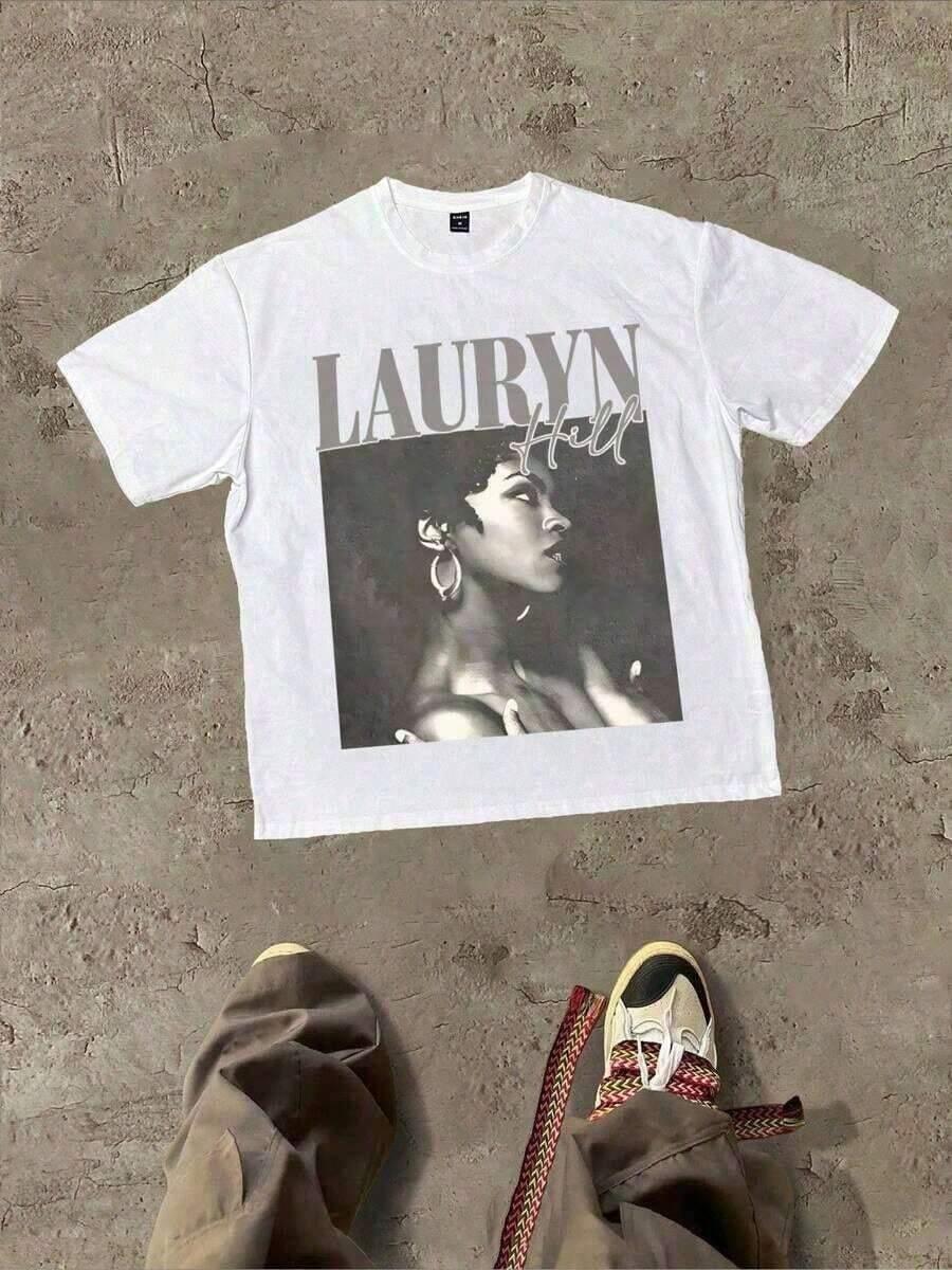 Camiseta de manga corta de algodón puro, informal, suave, con diseño gráfico temático de la artista Lauryn Hill y su imagen, playeras de mujer - Blanco - Ver 1