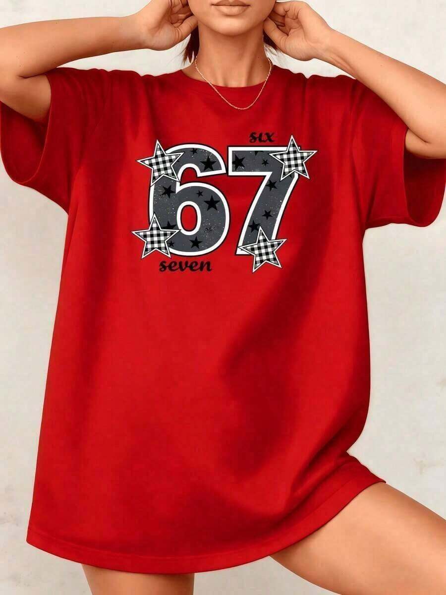1 pieza Camiseta de Mujer con Estampado Gráfico Retro Vintage de Números y Estrellas, Estilo Casual Urbano, 100% Algodón, Cuello Redondo - Estilo Urbano Vintage, Unisex, Camiseta Holgada de Manga Corta con Cuello Redondo de Algodón. - Rojo - Ver 1