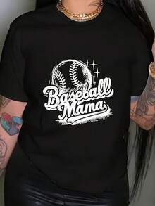 Camiseta de mujer con estampado de "baseball mom", top casual de manga corta y cuello redondo, adecuada para verano y primavera, ropa de mujer, tops para mujer. - Negro - Ver 1