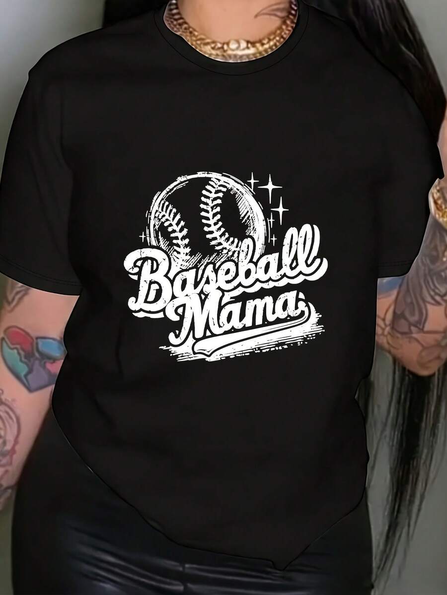 Camiseta de mujer con estampado de "baseball mom", top casual de manga corta y cuello redondo, adecuada para verano y primavera, ropa de mujer, tops para mujer. - Negro - Ver 1