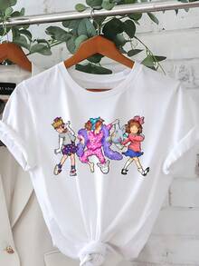 Ropa de mujer: Camiseta de manga corta estampada Junie B, top casual de cuello redondo, ropa de mujer para primavera/verano. - Blanco - Ver 1