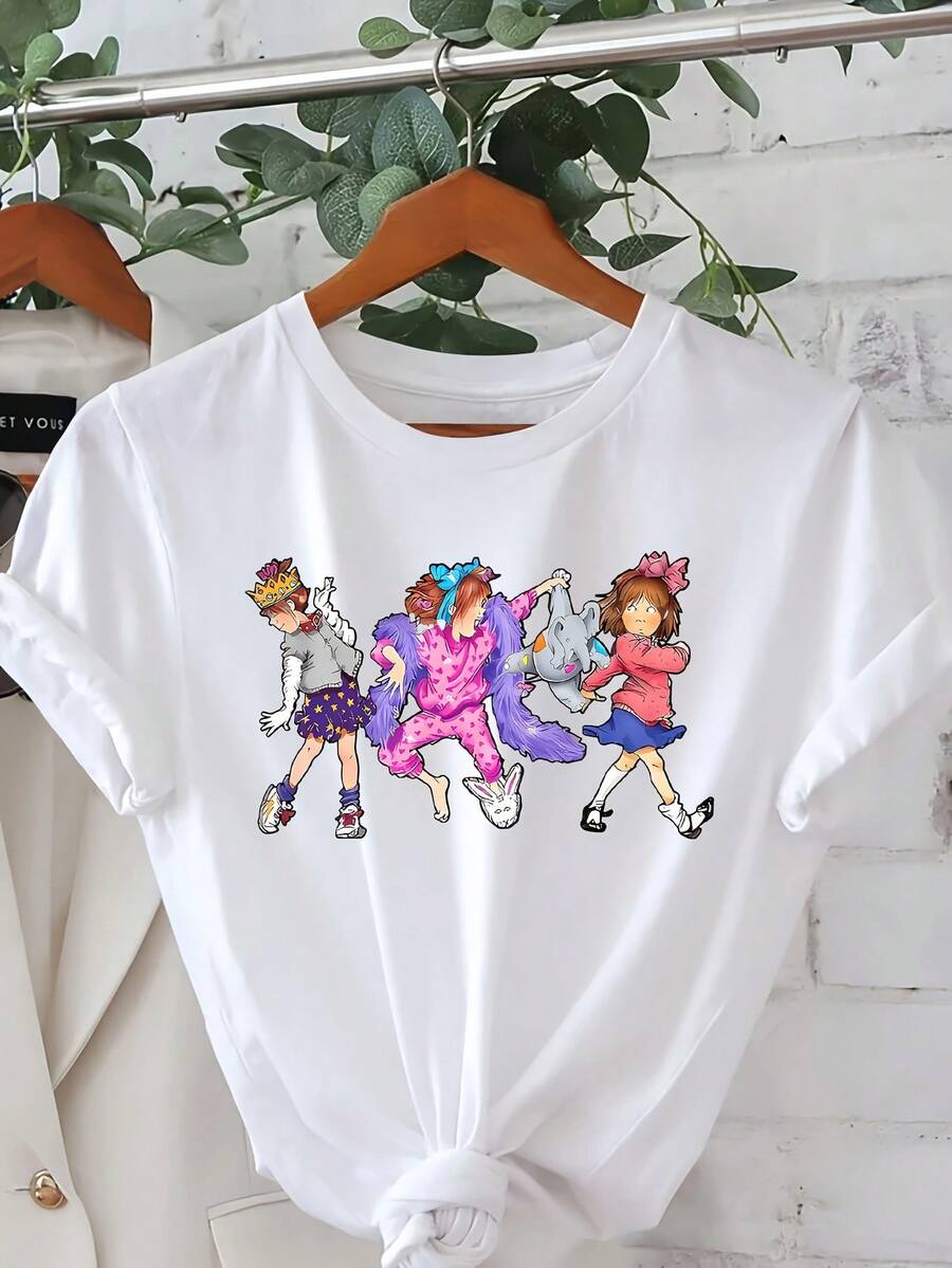 Ropa de mujer: Camiseta de manga corta estampada Junie B, top casual de cuello redondo, ropa de mujer para primavera/verano. - Blanco - Ver 1