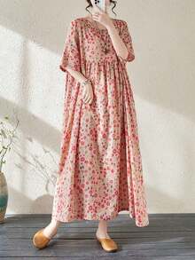 Vestido de playa estilo bohemio casual para tallas grandes, con estampado de lunares, cuello de solapa, hombros caídos, mangas cortas y en color rojo.Ideal para el verano. - Rosa - Ver 9