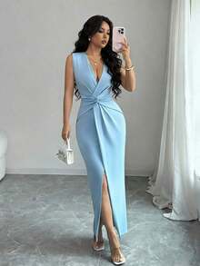 Elegante vestido con cuello en V plisado, cintura ceñida y abertura, sexy y elegante, adecuado para uso diario y vacaciones, azul claro, primavera/verano - Celeste - Ver 6