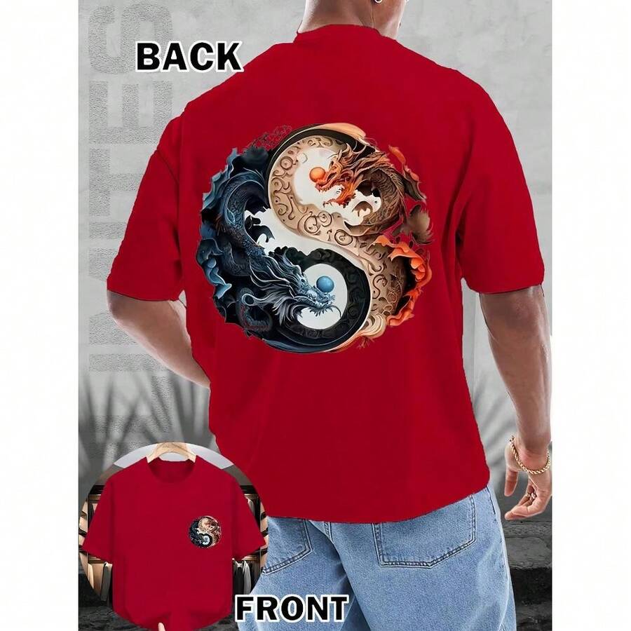 1pc Men's T-Shirt 100% Cotton Double-Sided Printing With Yin Yang Dragon Phoenix SML XL XXL XXXL Gift Summer Cool Casual Short Sleeve T-Shirt - 紅色 - 查看 1