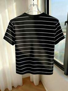 Suéter de punto de estilo minimalista francés para mujer, diseño de bloques de color a rayas clásico en negro y blanco, cuello redondo de manga corta, versátil y casual, adecuado para uso diario, trabajo, citas, estudiantes, maestros y talla gran - Multicolor - Ver 2