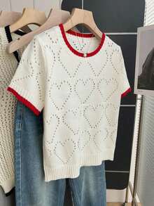 Blusa de punto holgada de cuello redondo y manga corta con diseño de corazón hueco y ribete de contraste en beige para mujer, suéter de manga corta para primavera/verano, últimas blusas de mujer, nuevas llegadas de blusas de punto para mujer - Beis 2 - Ver 4
