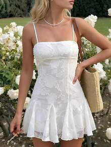 French Style Pure White 3D Floral Textured Spaghetti Strap Dress | Ruffle Hem Design Suitable For Wedding And Vacation Elegant Summer - White - View 5