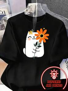 Camiseta de verano de manga corta para mujer - Compatible con blusa de gato y flores bonitas | Top suave y elástico de cuello redondo | Ropa de fiesta casual lavable a máquina, adecuada para el hogar, regalos, atuendos diarios con estilo de blusa elástica y cómoda de cuello redondo - Negro - Ver 2