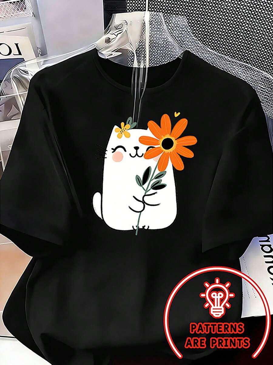 Camiseta de verano de manga corta para mujer - Compatible con blusa de gato y flores bonitas | Top suave y elástico de cuello redondo | Ropa de fiesta casual lavable a máquina, adecuada para el hogar, regalos, atuendos diarios con estilo de blusa elástica y cómoda de cuello redondo