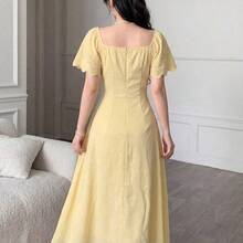 guang zhou mi qian shang mao  Vestido elegante y romántico de manga corta, cintura recogida y plisado en A, de longitud media, en color amarillo tejido, para primavera/verano - Amarillo - Ver 3