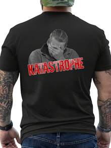 Schwarzes Herren-T-Shirt mit einem grafischen Aufdruck des Wortes "KATASTROPHE" – ein humorvolles Zitat im Used-Look, kurzen Ärmeln und entspanntem Stil, was es zu einem idealen Geschenk für Erwachsene macht und für den Alltag geeignet ist. - Schwarz - Übersicht 8