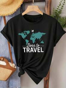 Camiseta 100% algodón puro de 180g con diseño de avión, mapa y texto.Camisa de Verano para Mujer con Cuello Redondo Relajado, Corte Holgado, Tacto Suave, Material Transpirable - Negro - Ver 1