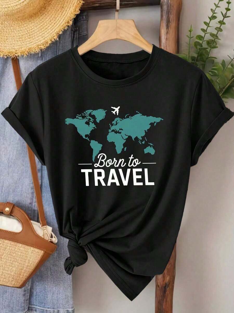 Camiseta 100% algodón puro de 180g con diseño de avión, mapa y texto.Camisa de Verano para Mujer con Cuello Redondo Relajado, Corte Holgado, Tacto Suave, Material Transpirable - Negro - Ver 1