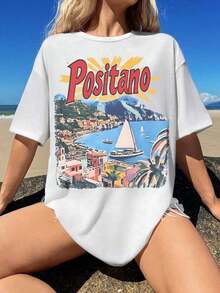 Blusa de manga corta holgada y cómoda para uso diario y casual, ideal para vacaciones junto al mar. Camiseta tipo Positano, Amalfi Coast, estética vintage costera y de abuela. Camisa de verano con estampado vintage, Linda camiseta italiana, adecuada para uso diario, casual, fiestas y como regalo.-Vintage Street Style Unisex Loose Cotton Short Sleeve Crew Neck T-Shirtblusas para mujer. blusas.blusas casuales para dama. - Blanco - Ver 3