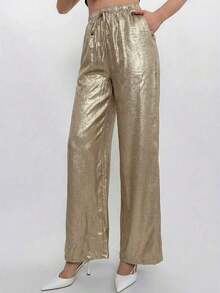 Conjunto de top halter y pantalones de color café claro, estilo sencillo para ir al trabajo - Dorado - Ver 7