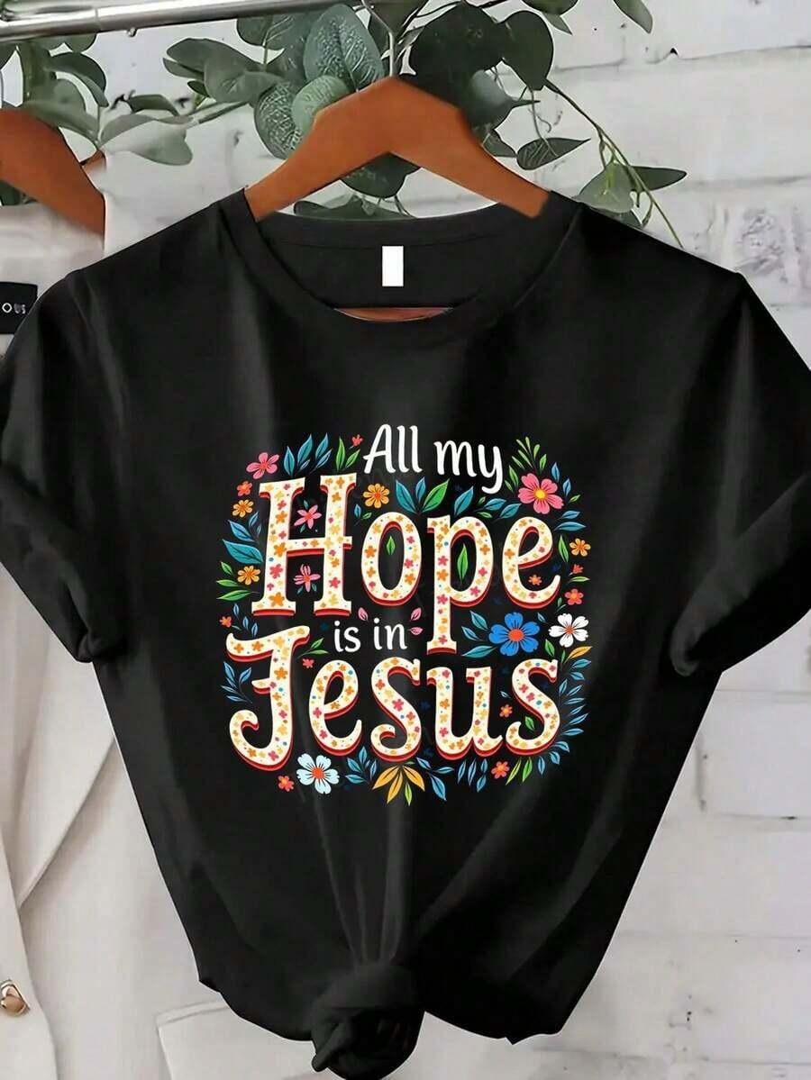 Trebalena Women's Oversized T-Shirt "All My Hope Is In Jesus" Floral Print - 100% Comfortable Christian Graphic T-Shirt With Vibrant Multicolor Print, Casual Crew Neck And Short Sleeve For Church, Casual Wear And Summer Outfits. - 黑色 - 查看 1