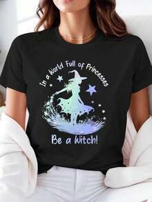 1 camiseta casual de manga corta y cuello redondo para mujer, con estampado de temática de brujas, ideal para primavera y verano, adecuada para salidas diarias y celebraciones de vacaciones, 180g 100% algodón. - Negro - Ver 1